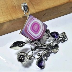 STERLING SILVER SOLAR AGATE AND AMETHYST PENDANT